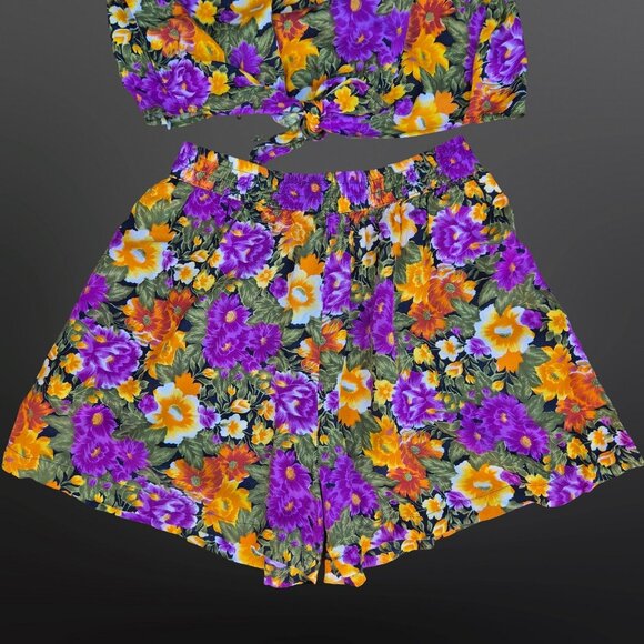 Vintage 80s Sleeveless Blouse Shorts Set Size M Bright Floral Waist tie Pockets - Picture 5 of 7